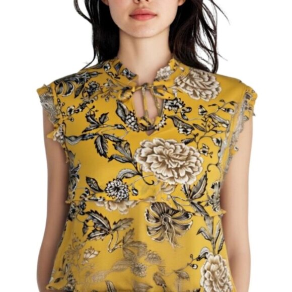 Size S, Part Two Copenhagen Yellow Tiered Cap Sleeve Blouse with Ruffled Collar - Picture 1 of 7